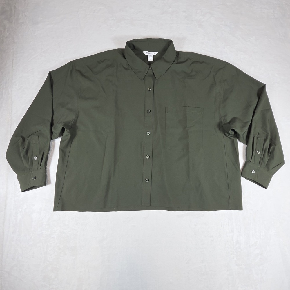 Athleta Midday Cropped Poplin Button Up XL Shirt Moss Green Lagenlook Minimalist